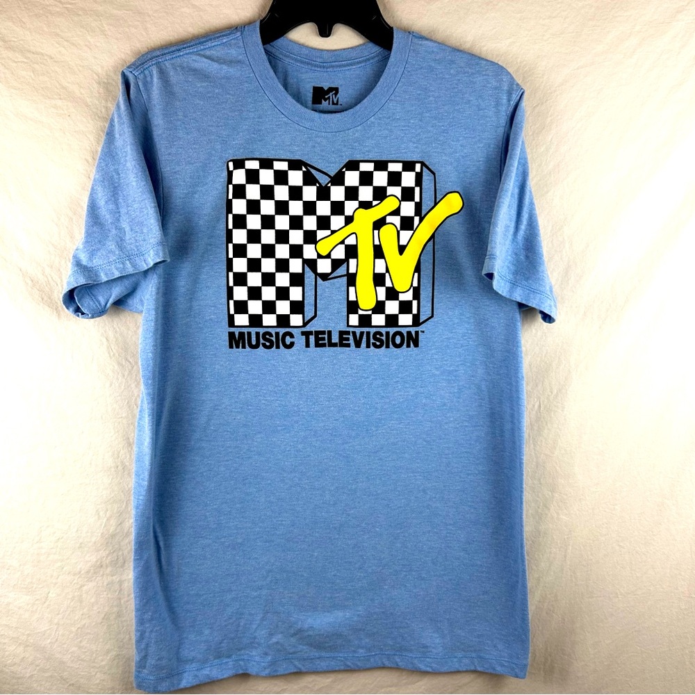 MTV Blue T-shirt Black and White Checkered Logo Size Medium